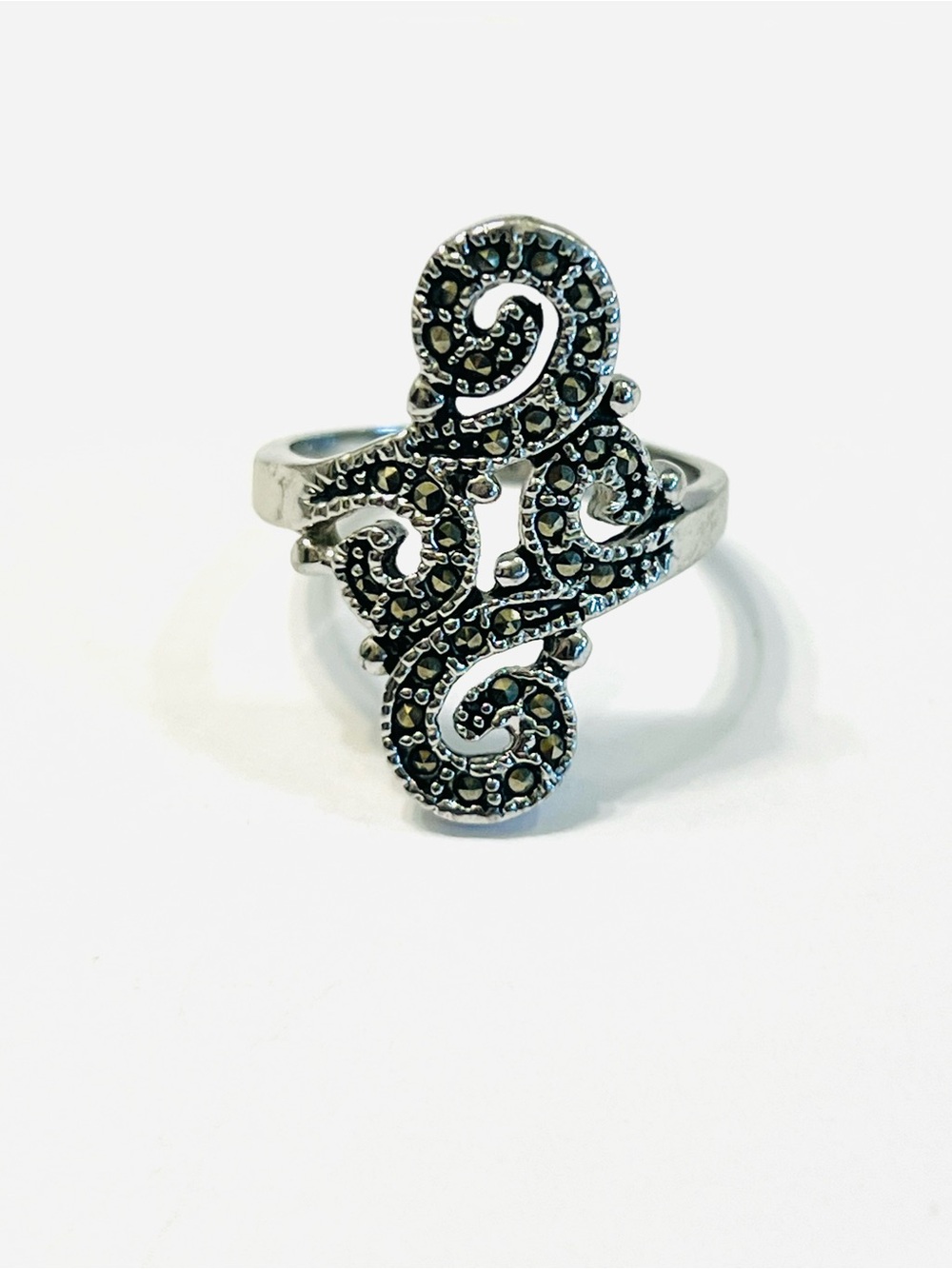 Intricate Scroll Marcasite Silver-Tone Ring - Silver
